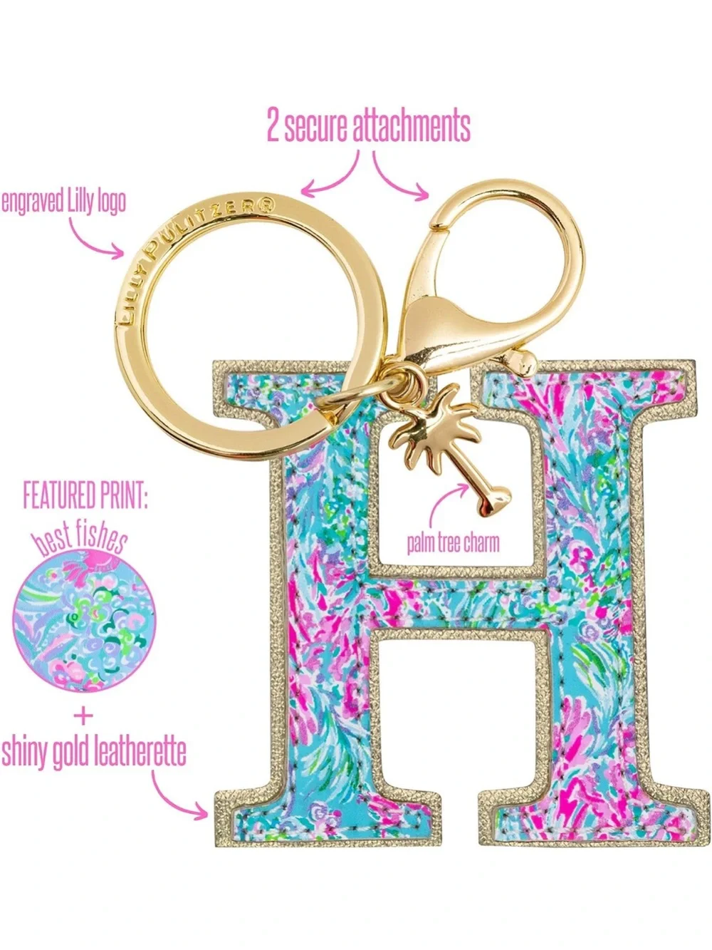 Lilly Pulitzer Floral H Initial Keychain Turquoise Pink with Gold Hardware - New